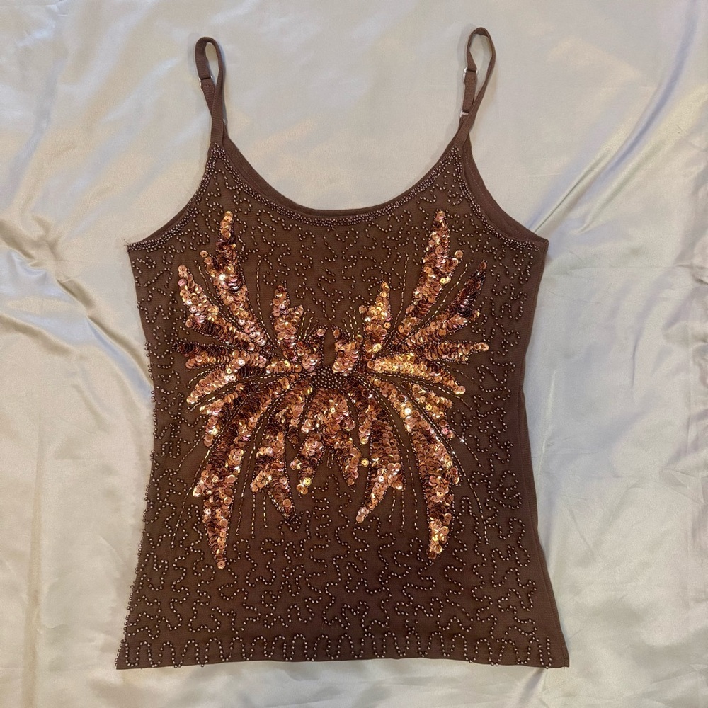 Brown Sequin Embellished Sleeveless Tank Top